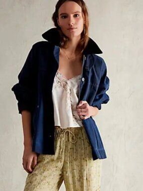 Free People We the free Cori Waxed Chore Jacket Size XS Navy Oversized Boxy Coat
